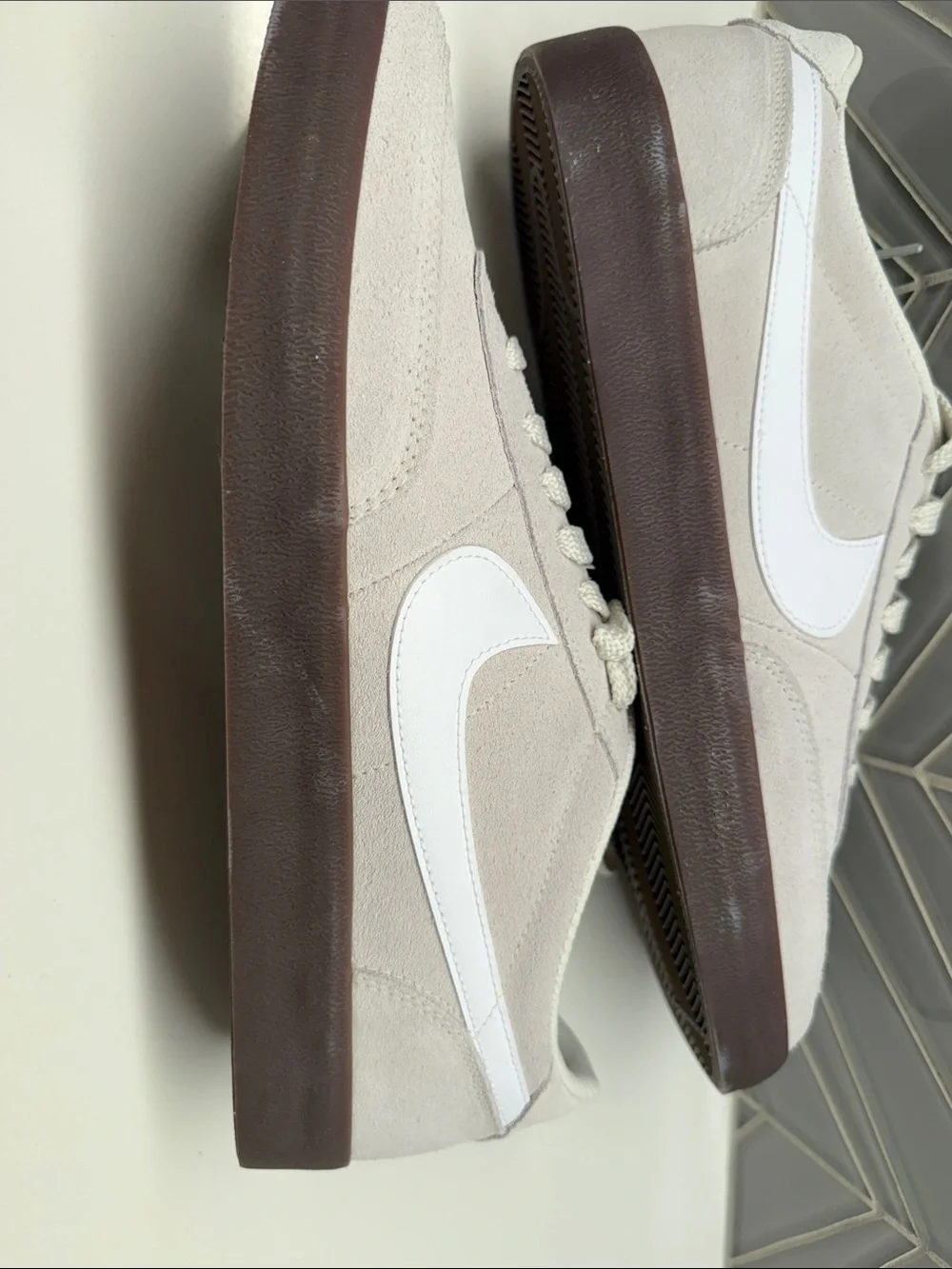 Nike Men’s Killshot 2 Gray Suede Sneakers with White Swoosh and Dark Gum Sole